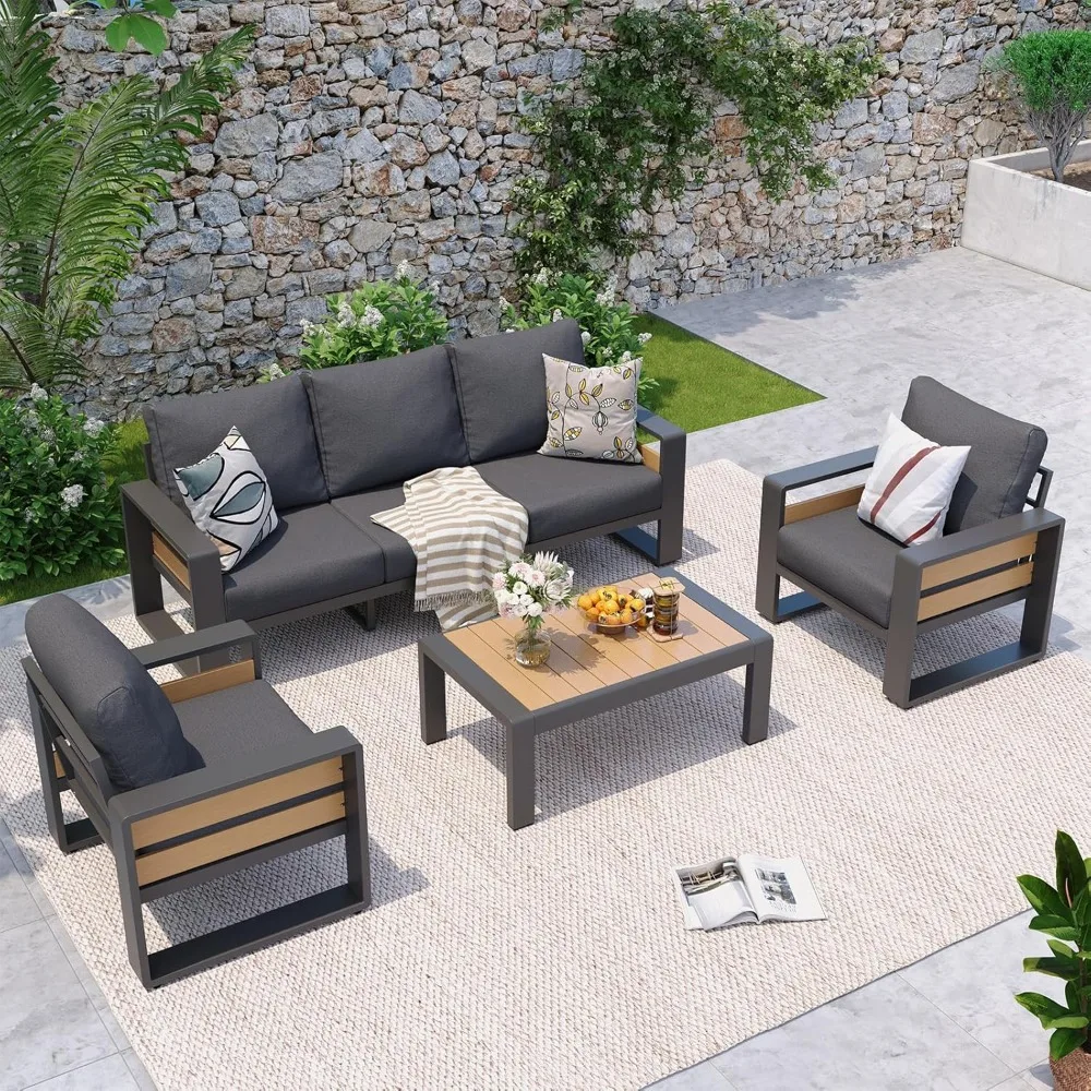 Aluminum Patio Furniture Set, 5 Seats Sectional Metal Patio Furniture with Coffee Table, 6'' Thick Cushions and, Customized