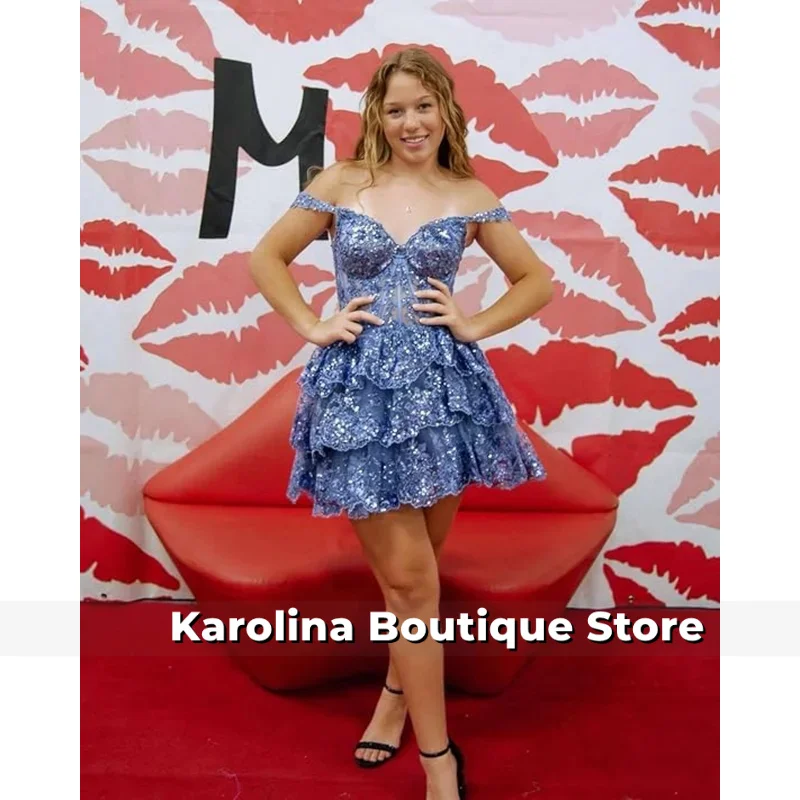 Sparkly Tulle Tiered Homecoming Dress for Teens Off Shoulder Short Cocktail Party Gown Corset Formal Mini Prom Dress