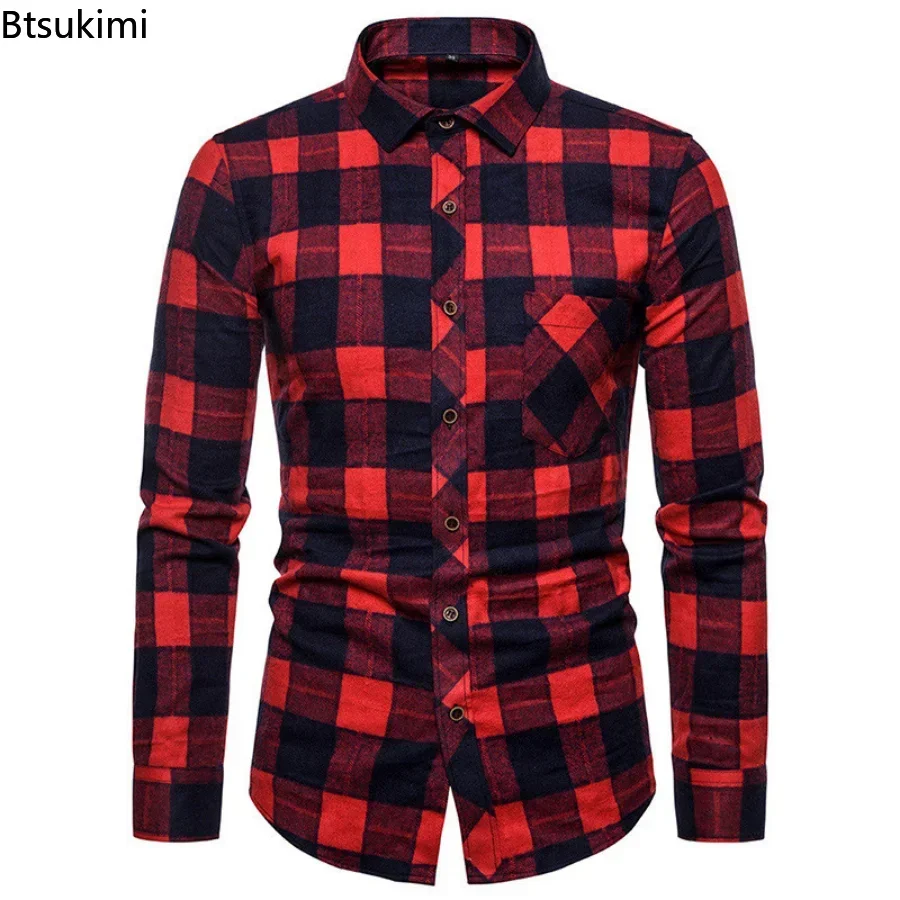 New 2026 Men's Harajuku Plaid Shirts 100% Cotton Pocket Long Sleeve Male Slim Fit Blouses High Quality Casual Checked Shirt Men