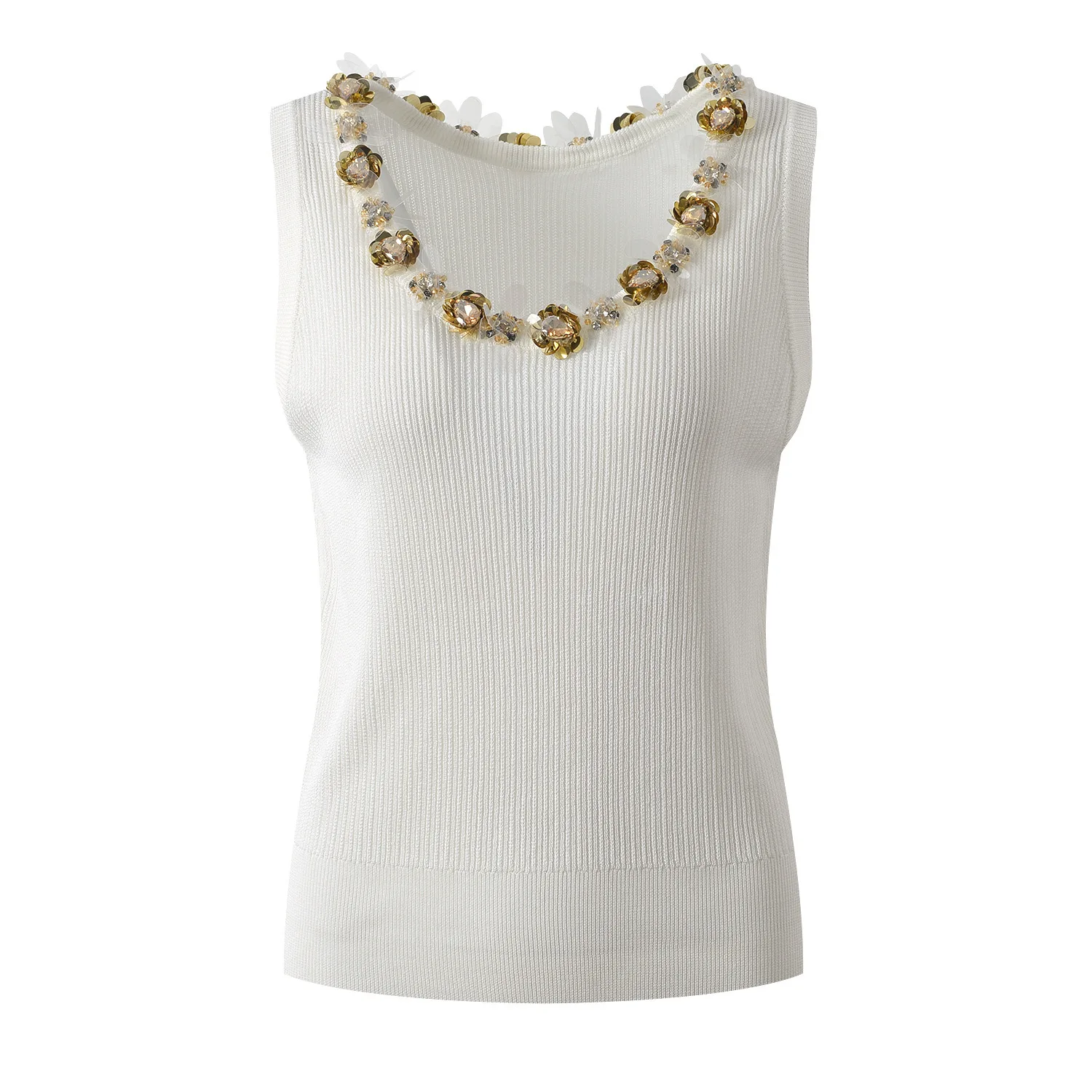 

Модный вязаный жилет с U-образным вырезом, с богатой отделкой стразами, приталенный, верхняя одежда, новинка 2024, для повседневной носки, женский топ