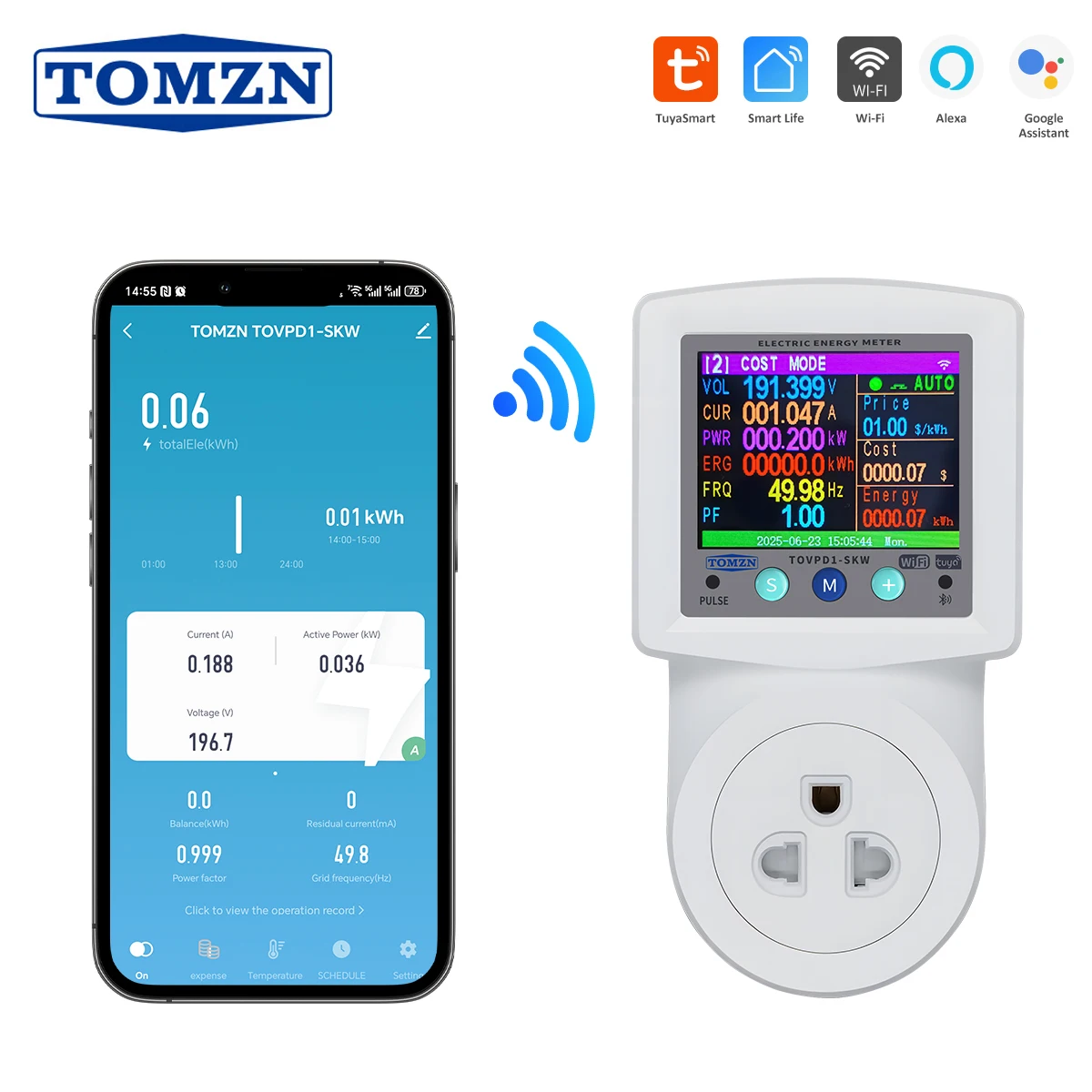 

TOMZN SKW Thailand Power Socket WIFI TUYA Voltage Current Protection AC 220V Adjustable 16A With PE Metering Timer 3-Pin with PE