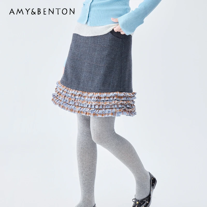 

American Retro Girl College Style Lace Splicing Women's Skirt Autumn Winter New Plaid Ruffled Versatile A-line Skirts Ladies