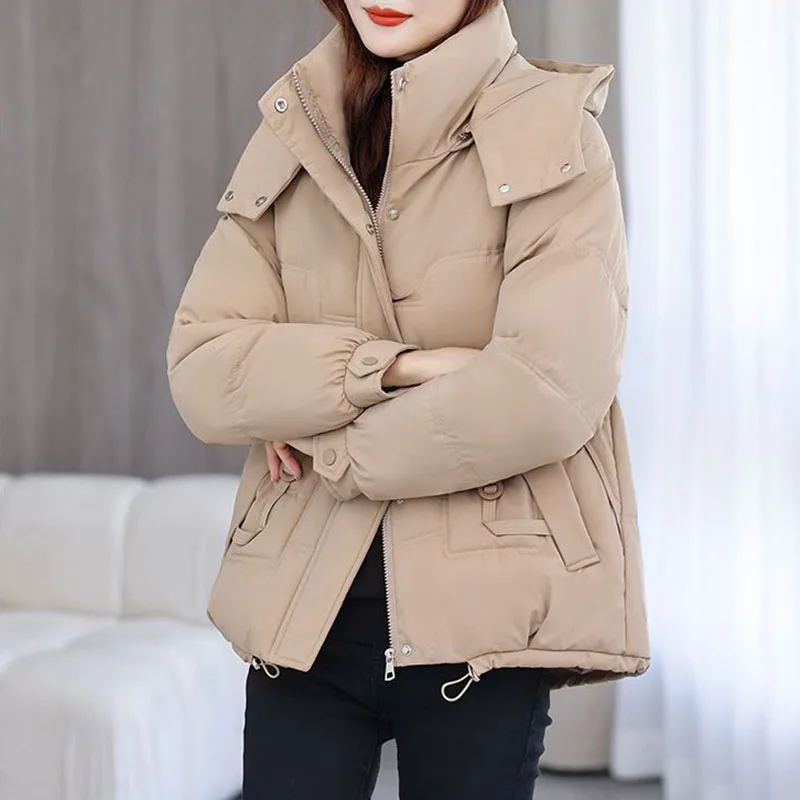 

New Womens Korean Down Cotton Jacket Autumn Winter Warm, Short Detachable Hooded Parker Outerwear Fashion Female Quilted Jackets