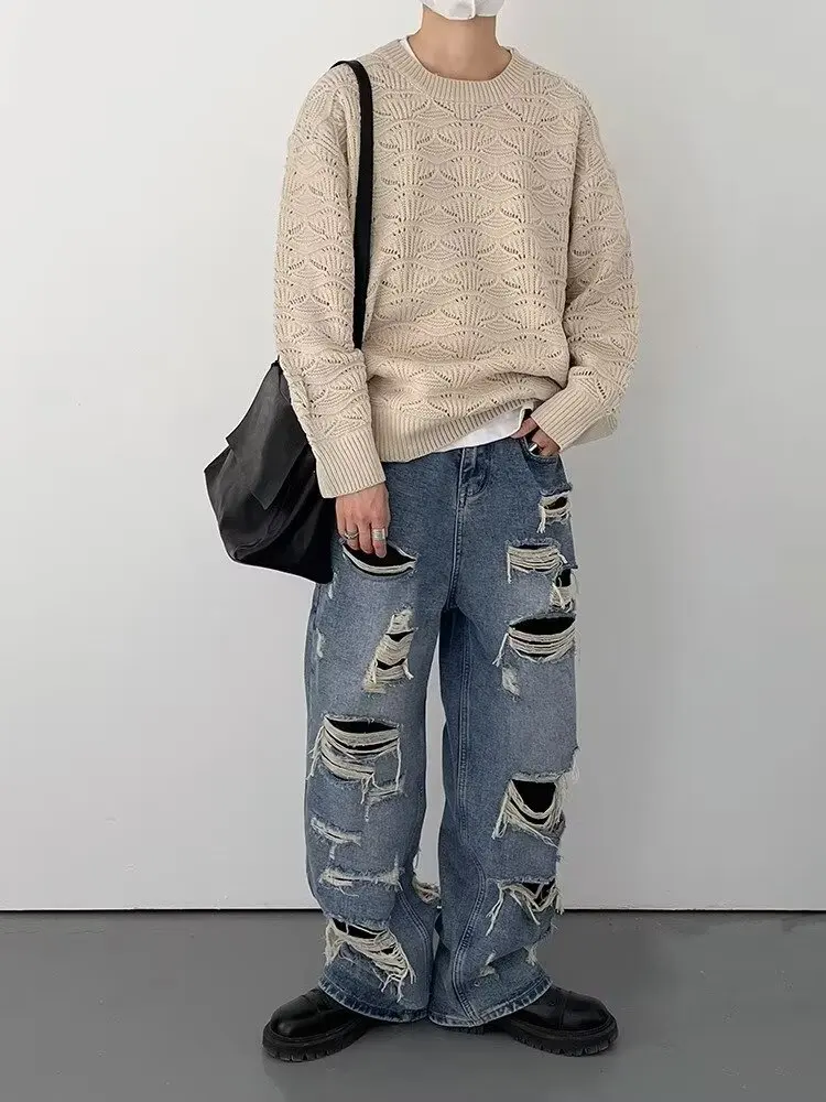 

Зимний мужской свитер с круглым вырезом и длинными рукавами в корейском стиле, универсальный модный повседневный свитер с текстурой в японском стиле