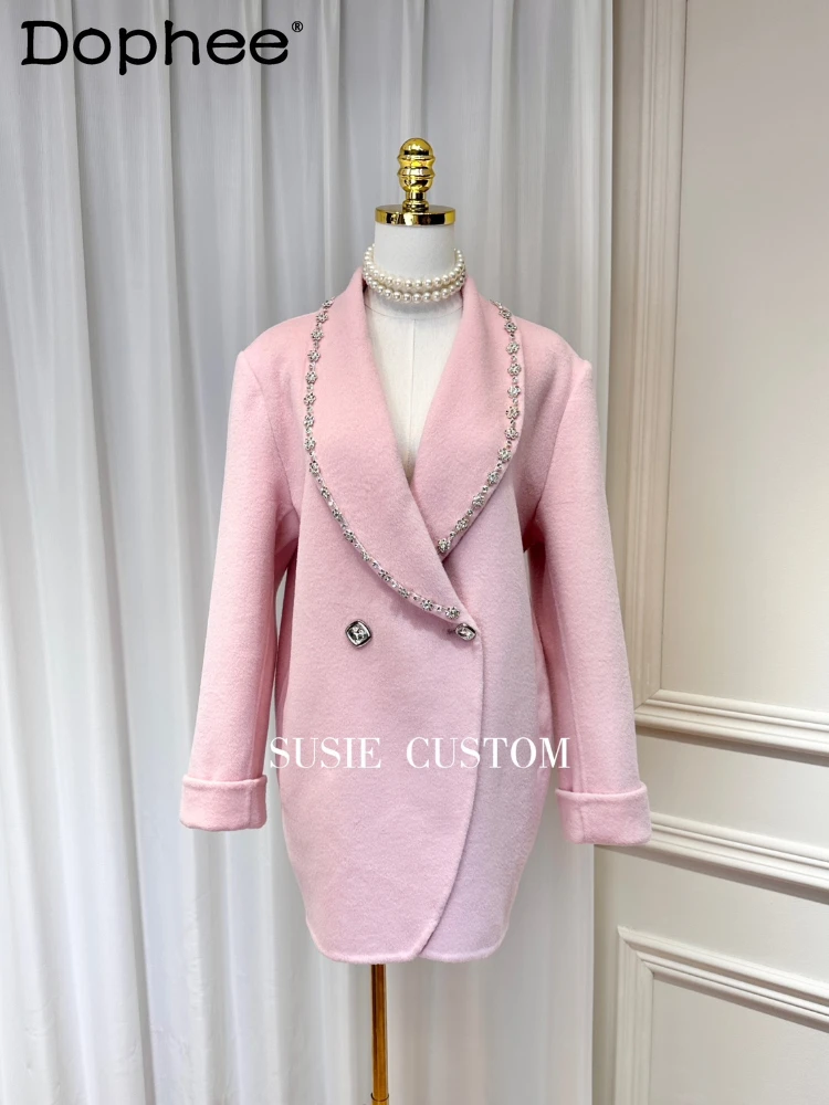 Fall Winter Heavy Industry Rhinestone Flower Chain Lapel Handmade Double-Sided Cashmere Wool Profile Loose Overcoat Coat Women