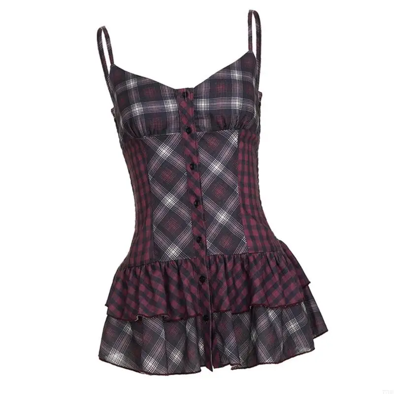 77HE ผู้หญิงสปาเก็ตตี้สายคล้องคอ V คอปุ่ม Checkered รูปแบบมินิชุด Smocked เอวยางยืด Tiered Ruffle ชุดสาย