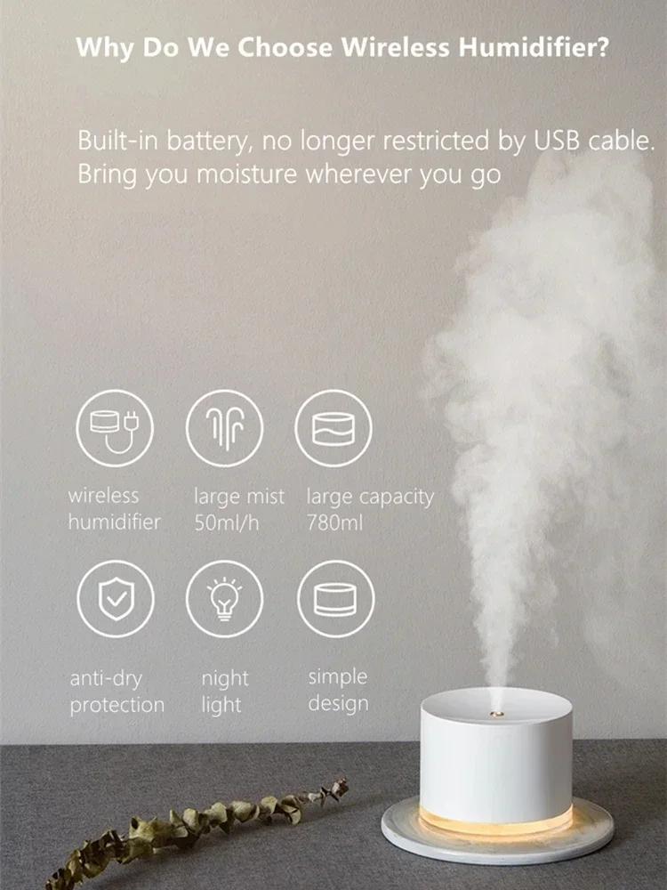 780ML Large Capacity Air Humidifier Simple 2000MAH Rechargeable USB Ultrasonic Water Mist Maker Humidifier for Home