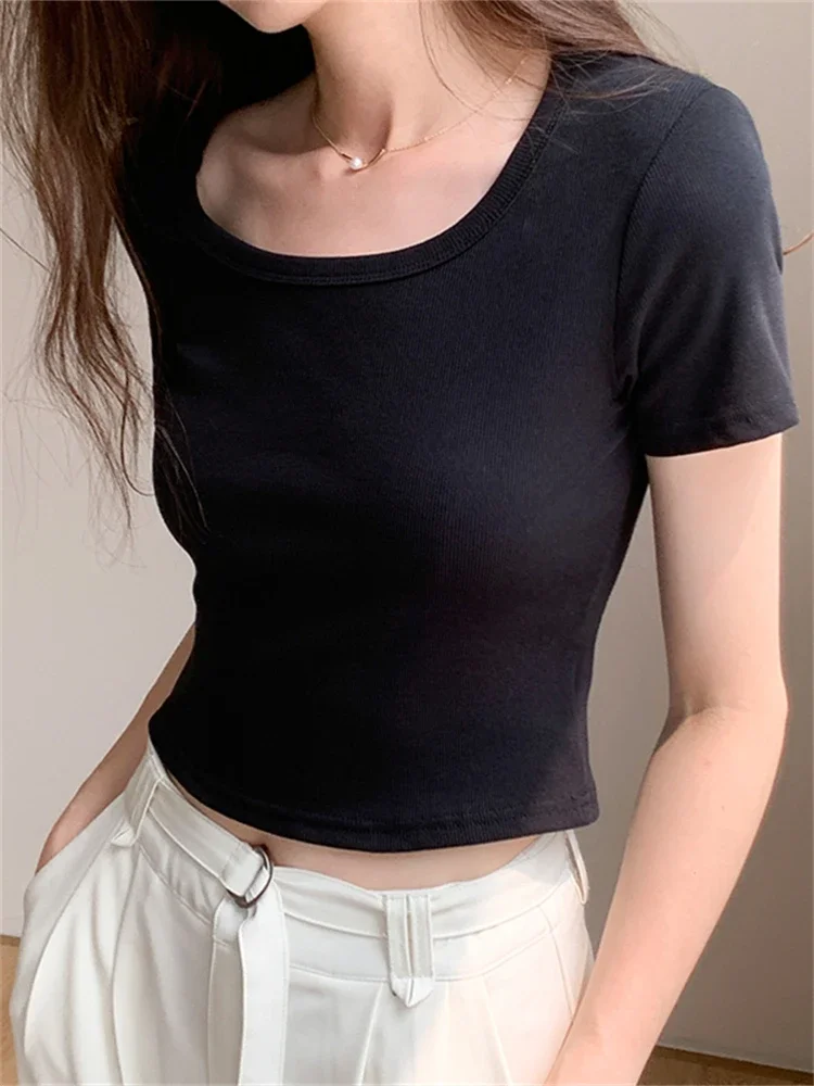 New Summer Top Sexy T Shirt Women Elasticity T-Shirt Korean Style Woman Clothes Slim Tshirt Female Skinny Short Sleeve Tops Tee