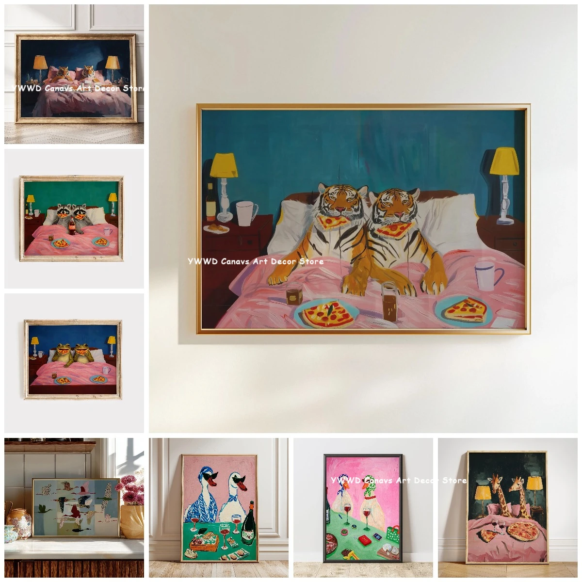 Tiger Pizza & Duck Wine Party Art Canvas Printing Cute Quirky Animal Wall Art Posters for Modern Restaurant Kitchen Home Decor