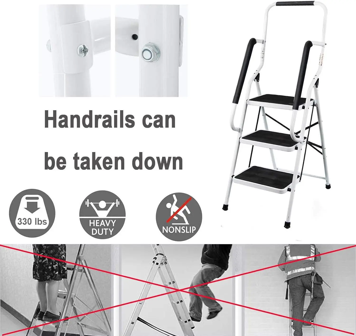 EFAN 3-Stufen-Klappleiter mit Handlauf, Trittleiter, faltbar, tragbar, kompakt, Leiter, rutschfeste Matte, einfache Aufbewahrung für Heimwerker