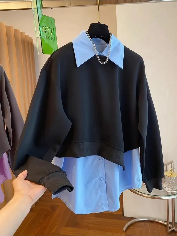 

Поддельные пуловеры из двух предметов, женские топы, новинка 2025, осенняя мода, дизайн, рубашка с отложным воротником и длинными рукавами, топы