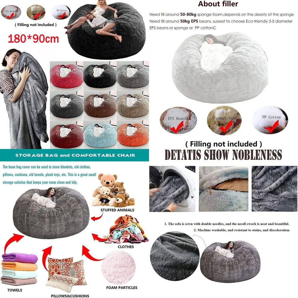 Bean Bag Sofas7FT Poltrona Bean Bag in schiuma microsuede per soggiorno Divano pigro in memory foam morbida