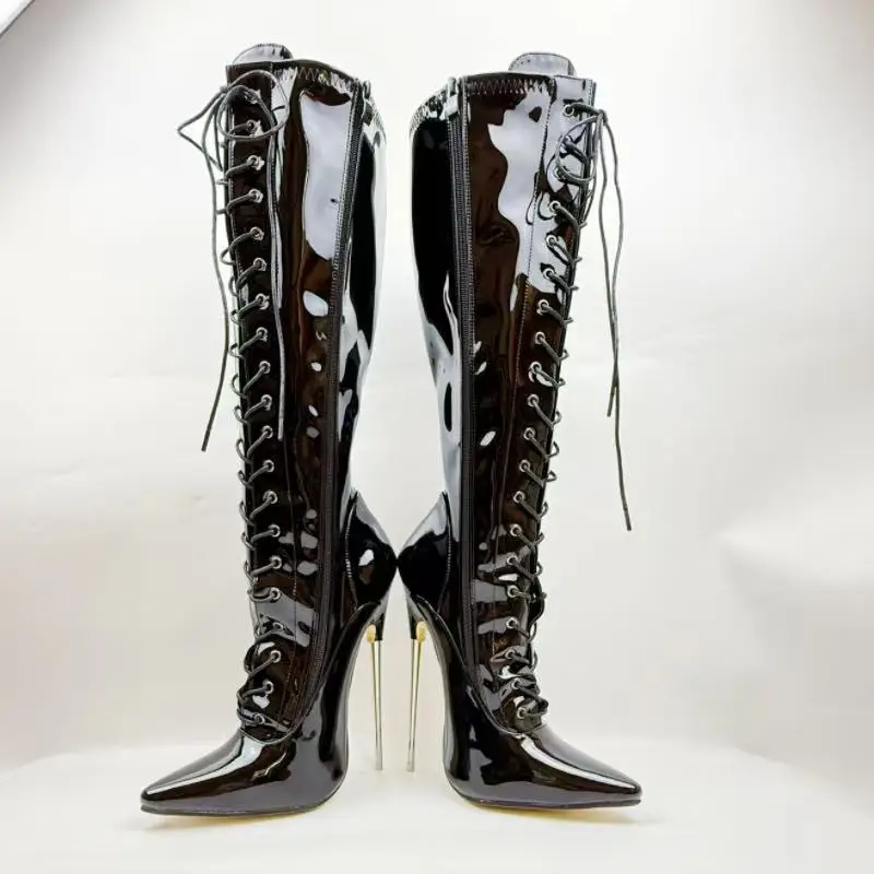 

Black Patent Leather Fashion Boots For Women Pointed Toe Lace-Up 18cm Super High Heels High-Top Boats Male 35-46 Big Size Shoes