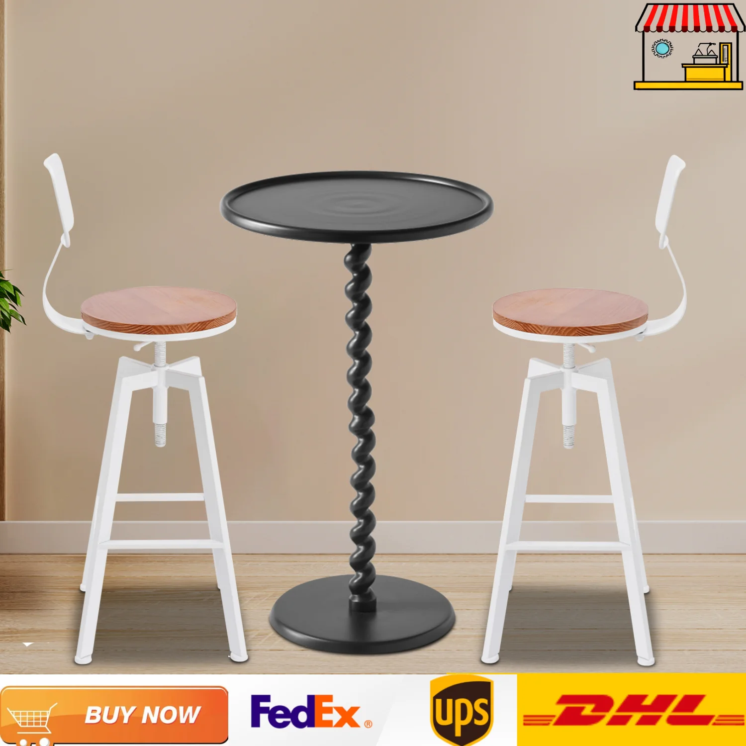 Barhocker-Set, Paar weiße Barhocker aus Schmiedeeisen mit höhenverstellbaren modernen Hockern mit Rückenlehne