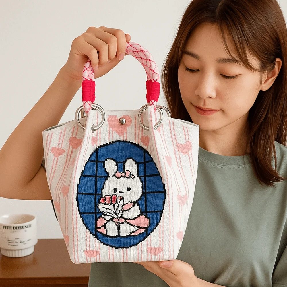 

Cute Cat Knitted Tote Bag Bear Bow Cartoon Knitted Handbag Weave Purse Wool Bucket Bag Commuting