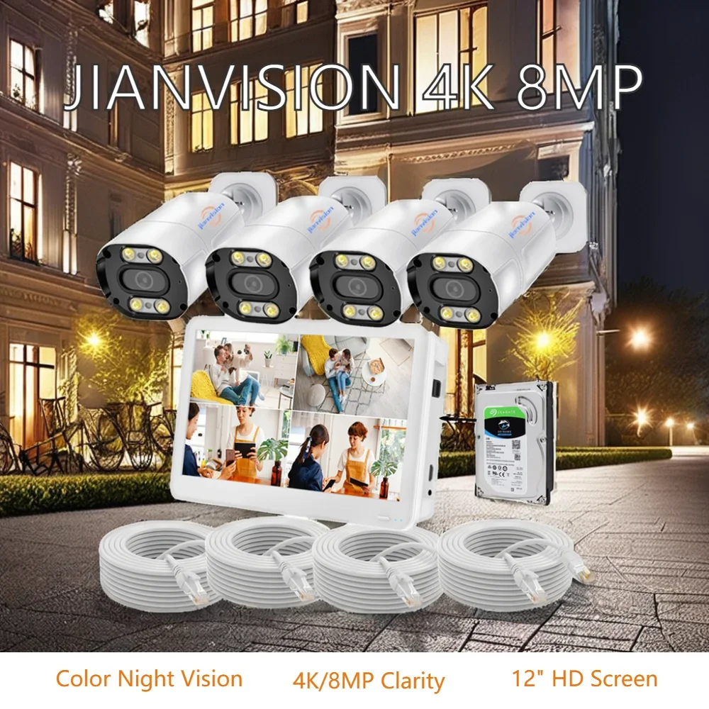 نظام كاميرا Jianvision 4K 8MP IP 4 قنوات تطبيق خارجي مع شاشة NVR وقرص القرص الصلب مقاس 12 بوصة