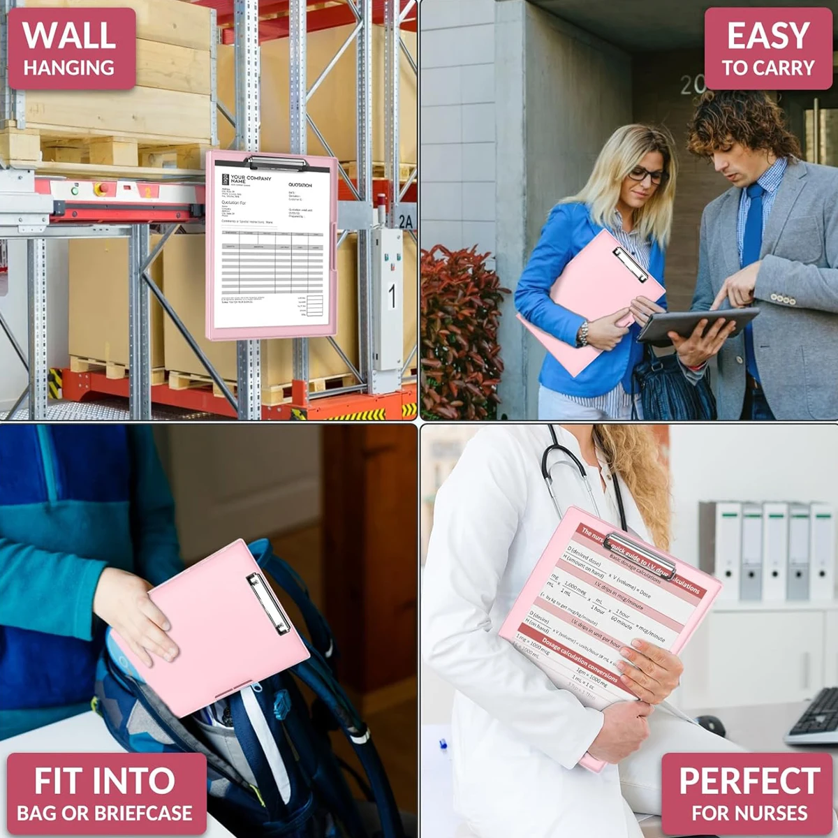 Pink Project Folder, Clipboard with Storage, 2 Storage Spaces, Dry Erase Plastic Clipboard