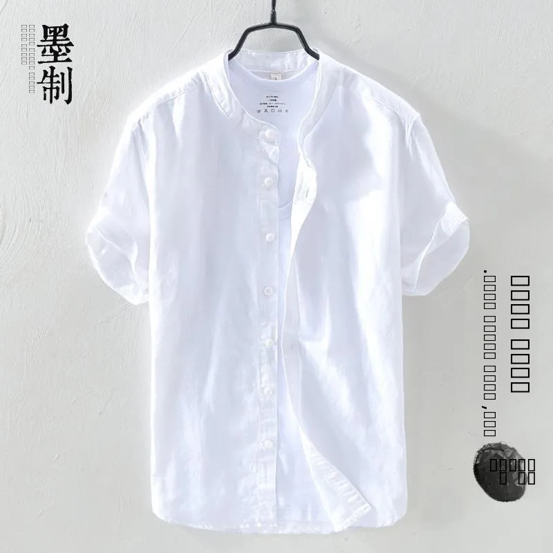 

Мужская летняя повседневная рубашка из чистого льна и шелка, свободного кроя, тонкая, белая, на пуговицах, с воротником-стойкой...