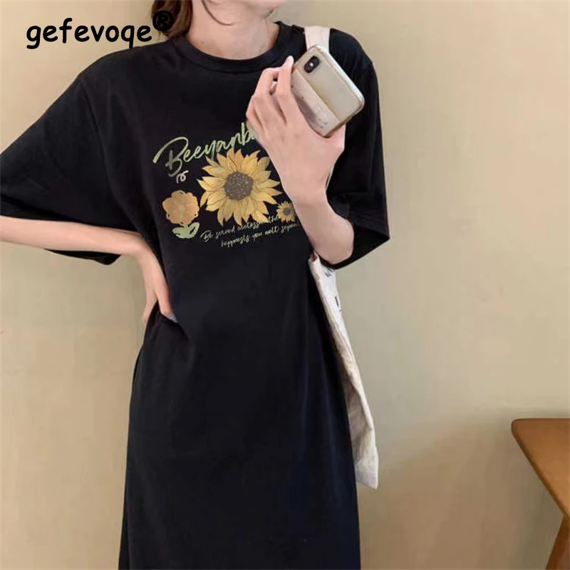 Summer Fashion Floral Print Split Oversize Streetwear Dresses for Women Y2K Female Casual O Neck Short Sleeve T-shirt Midi Dress