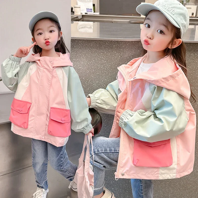 2-8Y Spring Autumn Girls Coat Fashion Splicing Style Flip Collar Zipper Hoodies Sweatshirt For Kids Children Sport Outerwear