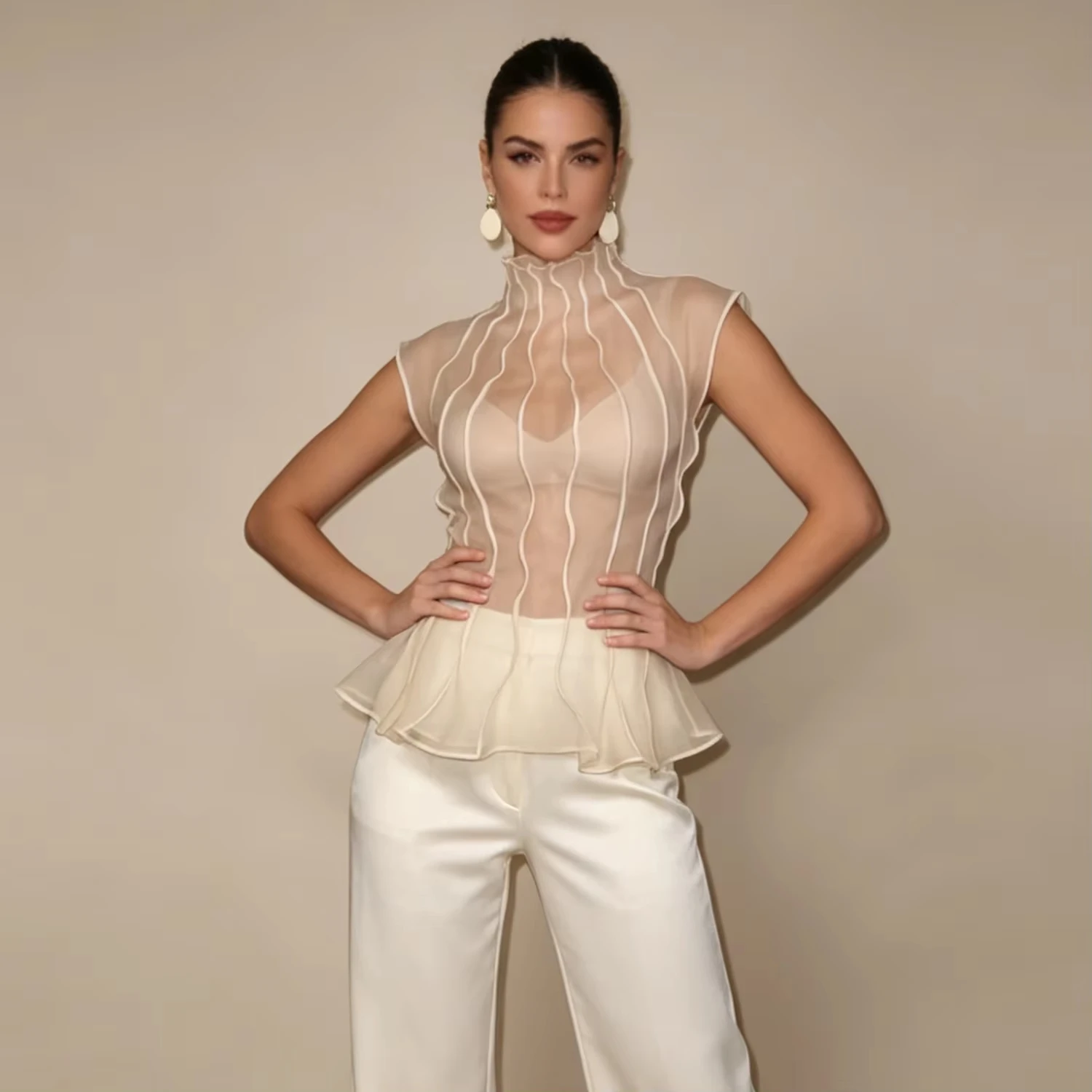 Sleeveless Sheer Turtleneck Peplum Blouse Women Wavy Striped Mesh See Through Ruffle Hem Slim Office Party Top