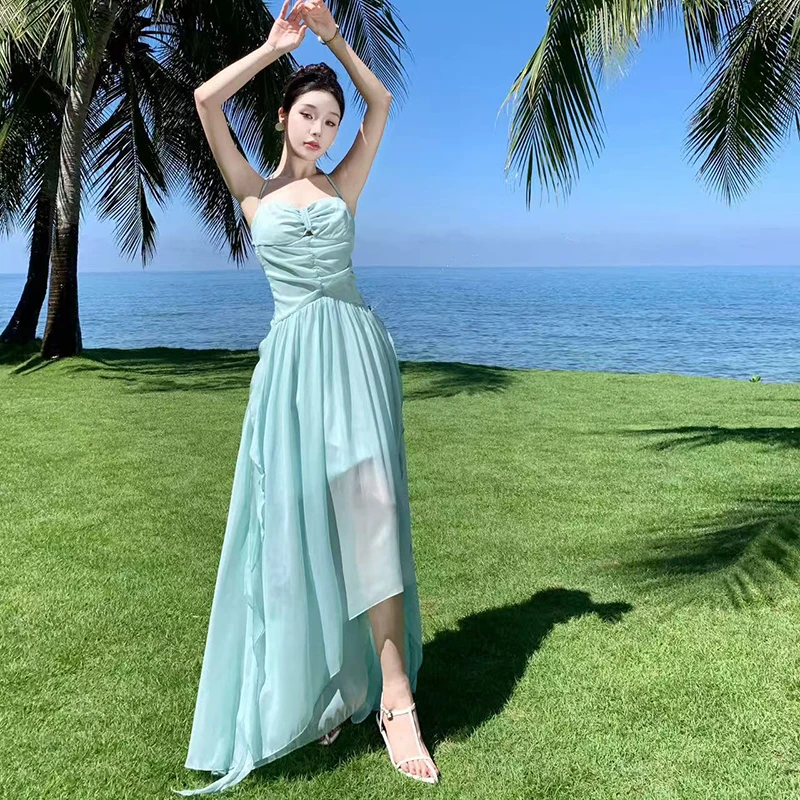Dolce increspato Camis Midi Dress Donna Estate Elegante Chiffon Halter Neck Dress Sexy Backless Beach Vacation Mujer Abiti