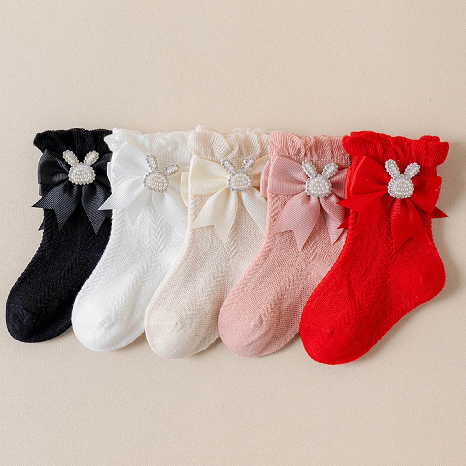 Infant Baby Girl Socks with Bows Soft Pearl Bunny Infant Princess Dress Socks Toddler Ruffle Socks