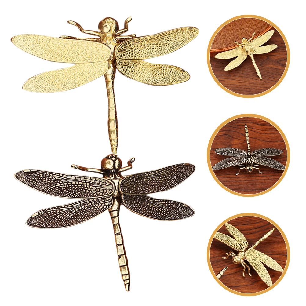 

2 Pcs Retro Dragonfly Bronze Ornaments Copper Animal Decor Figurines Detachable