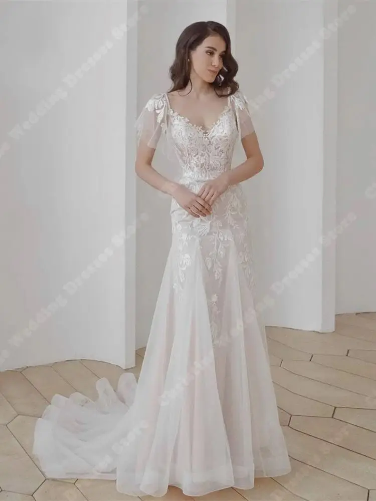 Robe de mariée en dentelle à manches courtes, col en V, appliques, tulle imprimé floral, patients, quel que soit le nouveau, robes de princesse dos nu, mariée unie, 2024