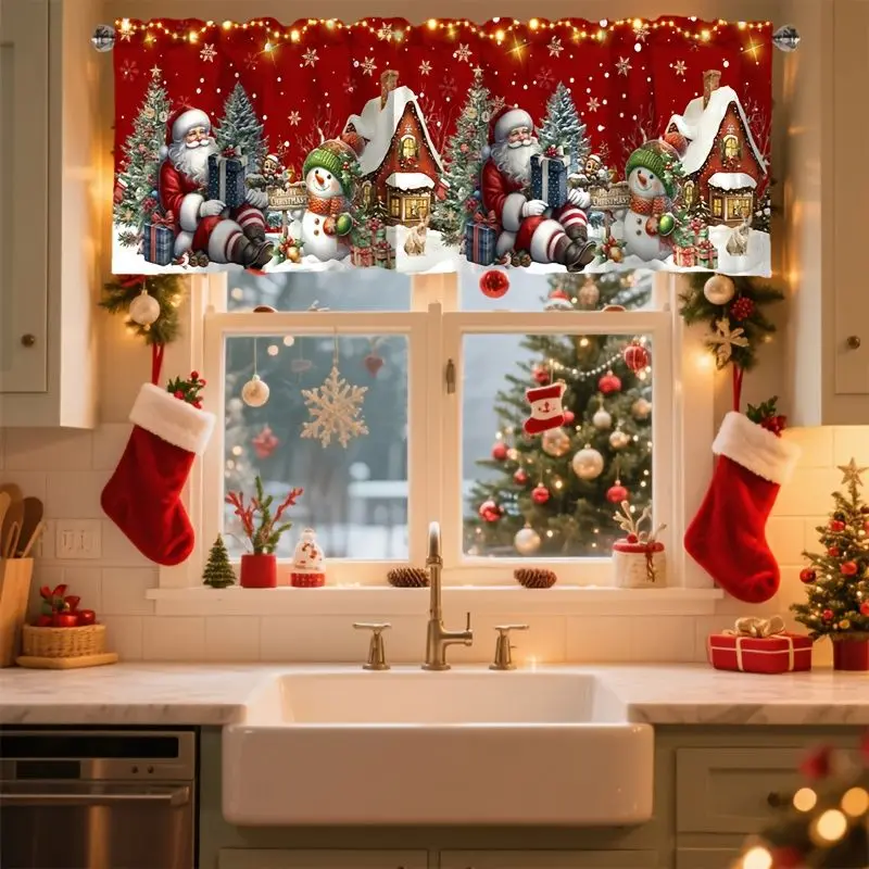 VIKAMA Christmas Window Valance Santa Snowman Cabin Gift Print Kitchen Curtain Top Festive Holiday Winter Cozy Home Decor