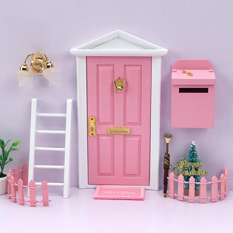 Doll House Elf Door Set Christmas Decor Fake Light String Hat Wreath Mini Tree Gift Boxes Fairy Toy House Miniature Scene Model