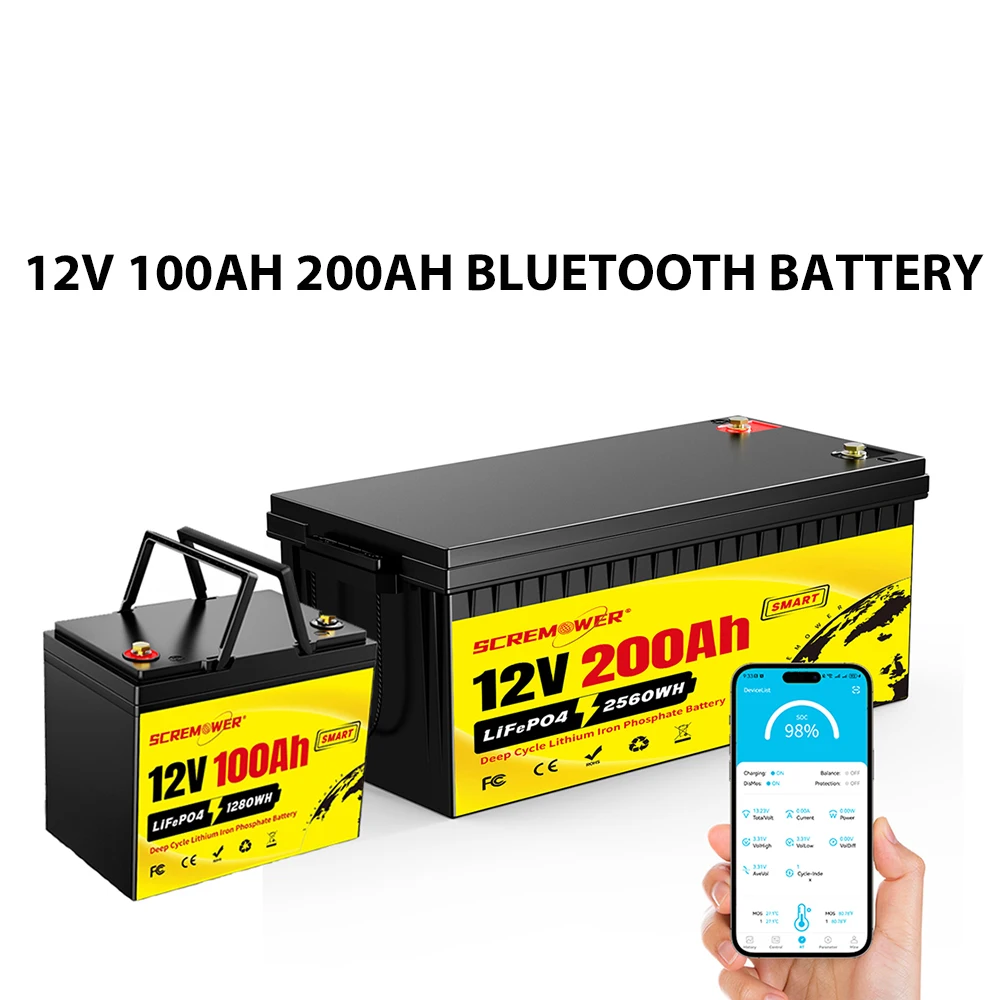 12V 200Ah 100Ah LiFePO4 Battery,Grade A Cells Rechargeable Battery,6000+ Cycles,for RV,Home Storage,Camping,Trolling Motor