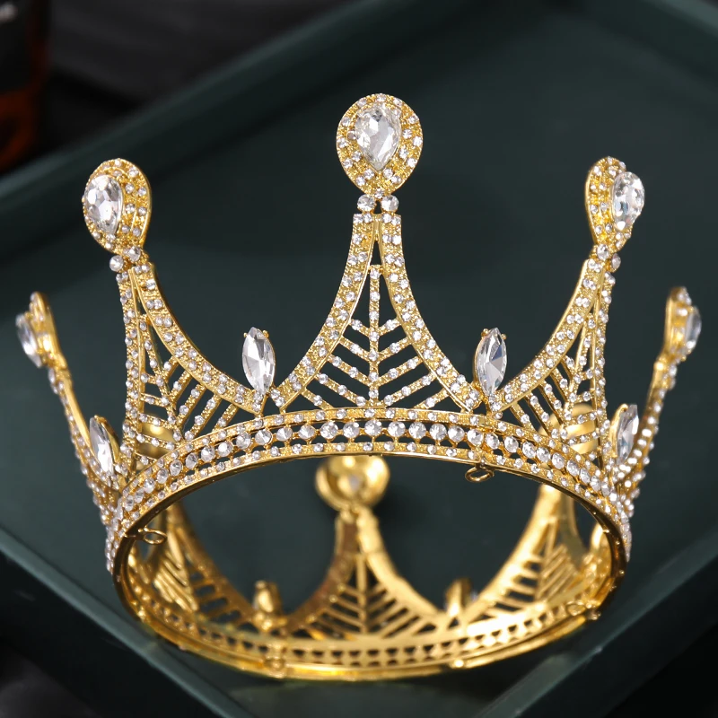 

Crystal Gold Crown Tiara Bridal Hair Accessories Rhinestone Crystal Round Crown Headband For Women Queen Diadem King Crown Gift