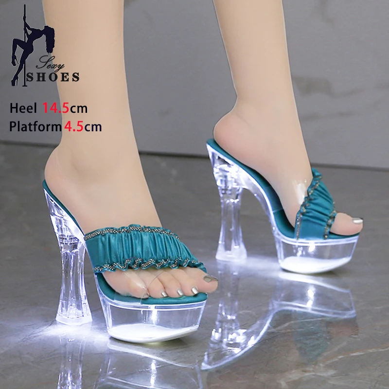 Modne plisowane kapcie damskie 2024 New LED Light Up High Heels 14.5CM Summer Walk Show Sandals Nightclub Glowing Dance Shoes