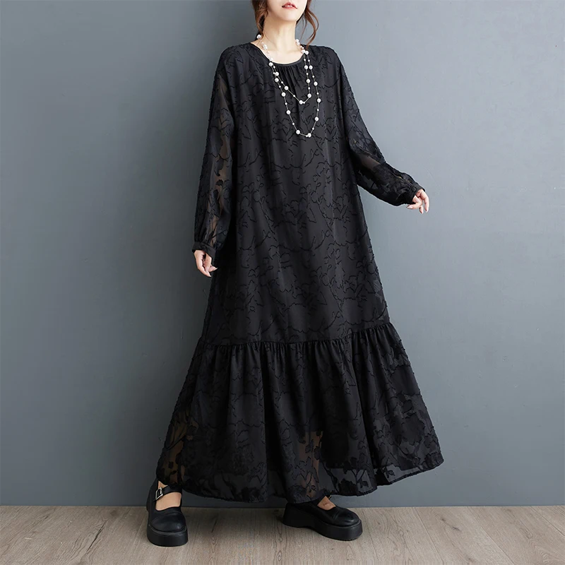 Vestido f solto tamanho ande retrô bordado retalhos manga lanterna dupla camada estilo coreano para viagem primavera...