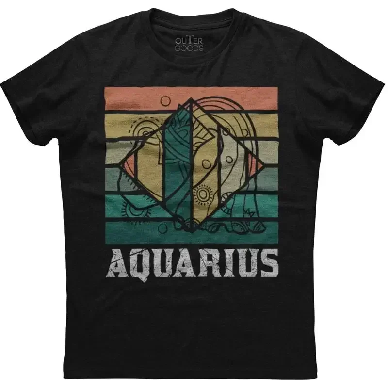 Aquarius Zodiac Sign Vintage Design Mens Cotton Black T shirt