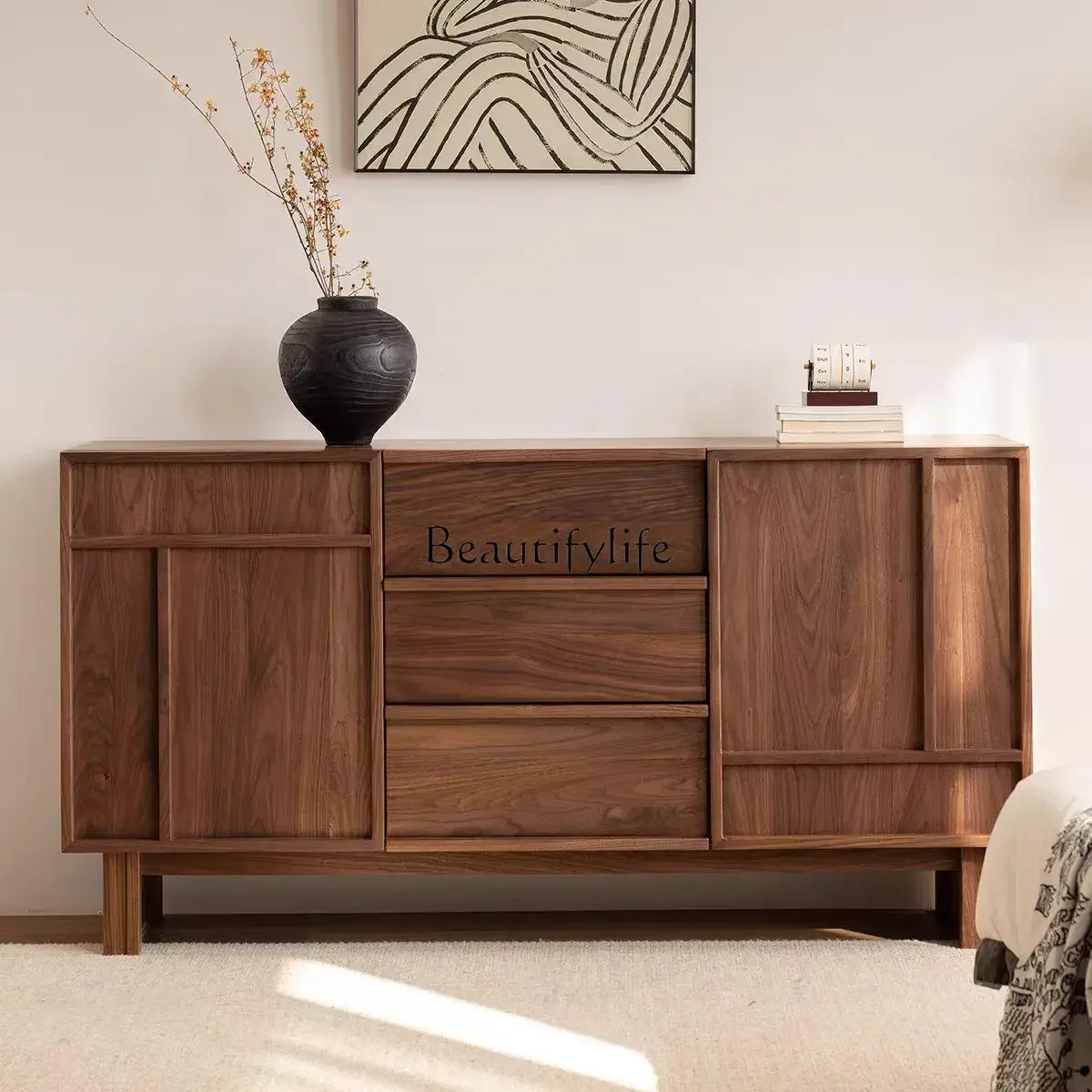 

ls 42North American Black Walnut All Solid Wood Bone Line Dining Side Cabinet Simple Log Wind Multifunctional Locker