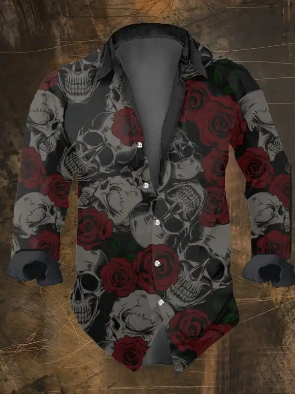 

2024 Halloween Men's Retro Dark Skull Prints Long Sleeve Shirt-Skull Prints Black Tops Regular Fit,Lapel Collar, Polyester Blend