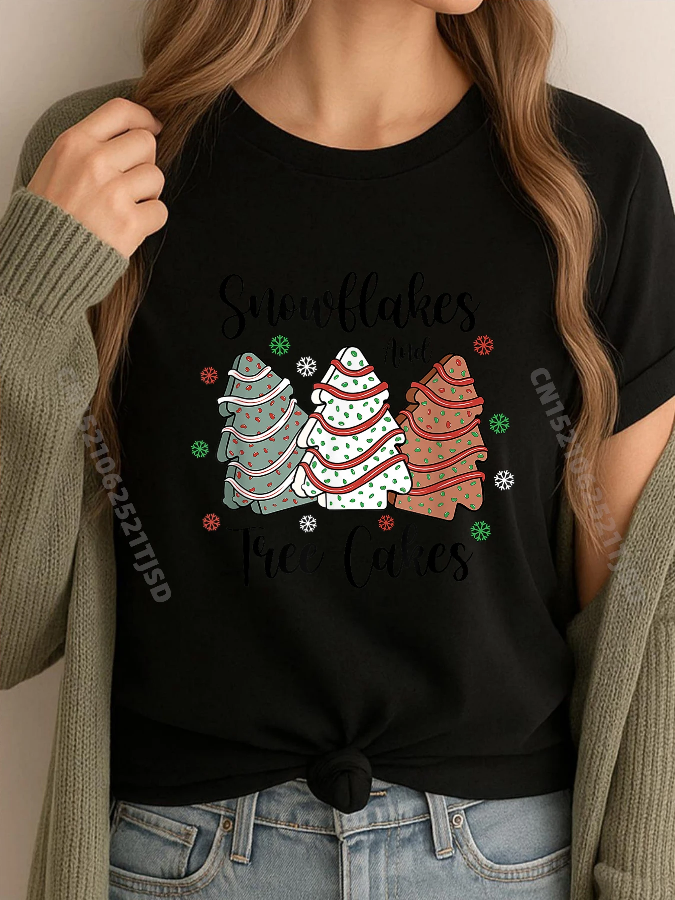 

Groovy Snowflakes And Tree Cakes Christmas Debbie Graphic T Shirts Woman Men Short Sleeve Tee Normal