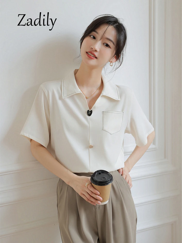 Korea Style 2024 Summer Short Sleeve Women Chiffon Shirt And Blouse Button Pullovers Casual Loose Tops Turn-Down Collar Clothing