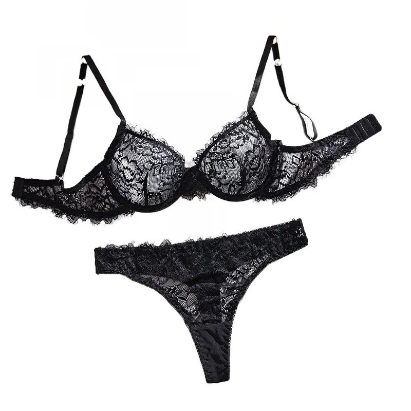 2-teiliges Erotik-Set für Damen im Western-Stil: Schwarzer Spitzen-BH mit Blumenmuster und Transparente Slip mit Niedriger Taille - Sinnliche Sexy Reine Dessous-Garnitur