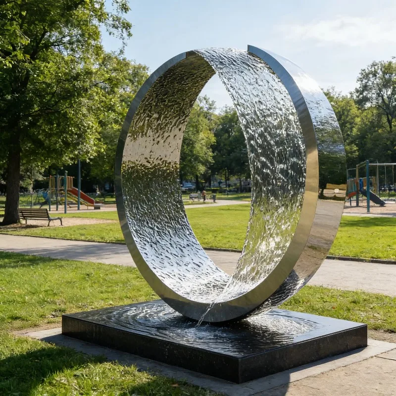 Mirror Polished Hammered Ring Stainless Steel Waterfall Sculpture Fountain Custom Modern Art Decor Outdoor City Park Landscape