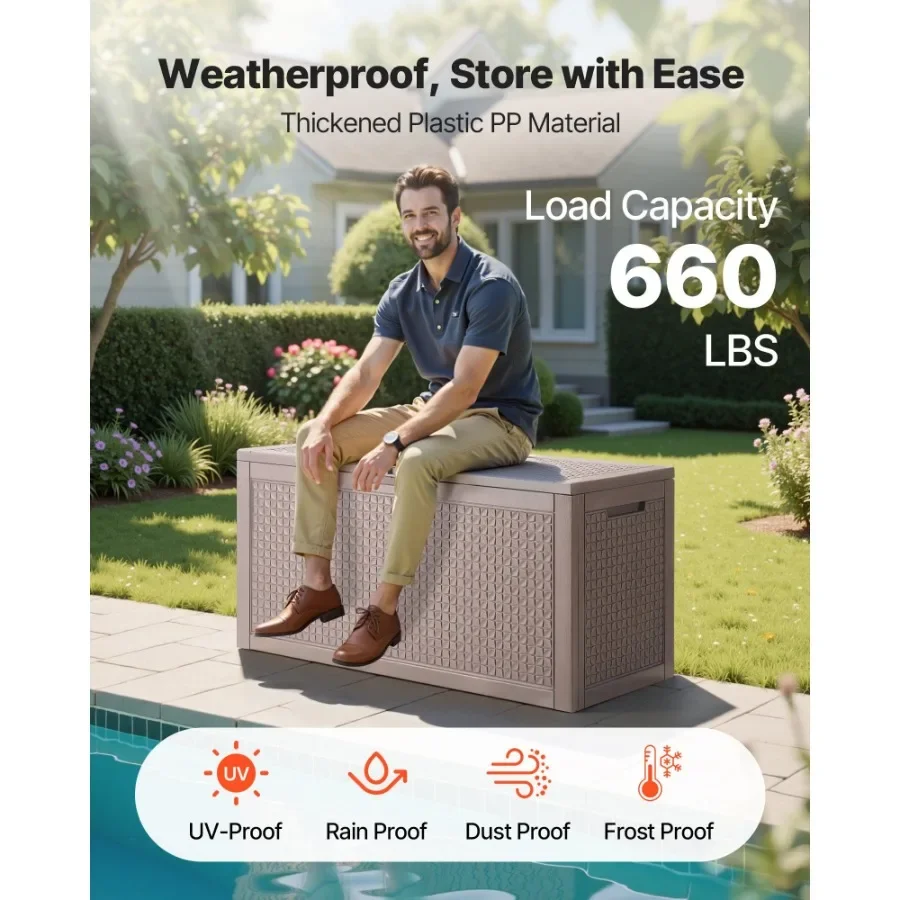 صندوق تخزين خارجي 100 جالون صندوق سطح من الراتنج الفناء الخلفي لعبة خارجية وخزانة تخزين المناشف مقاومة للماء لأثاث الفناء Cus