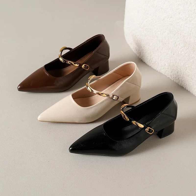 

2026All-Season Women's Chunky Heel Mary Jane Flats - Patent Leather Shallow Cut High Heels, Metal Buckle Decor Commuter Shoes