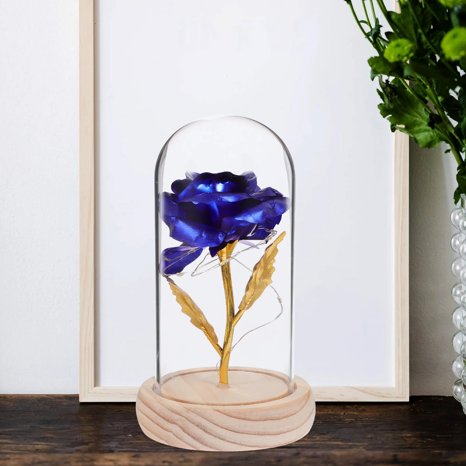 

1Pcs Blue Preserved Rose LED Light Decor In Glass Dome Immortal Flower Ornament Eternal Home Accessory Without Battery