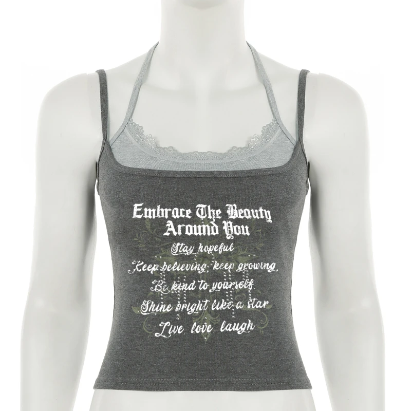 

2025 annual leave two-piece vest Y2K casual street letter print comparison vest Korean style soft sleeveless top short girl