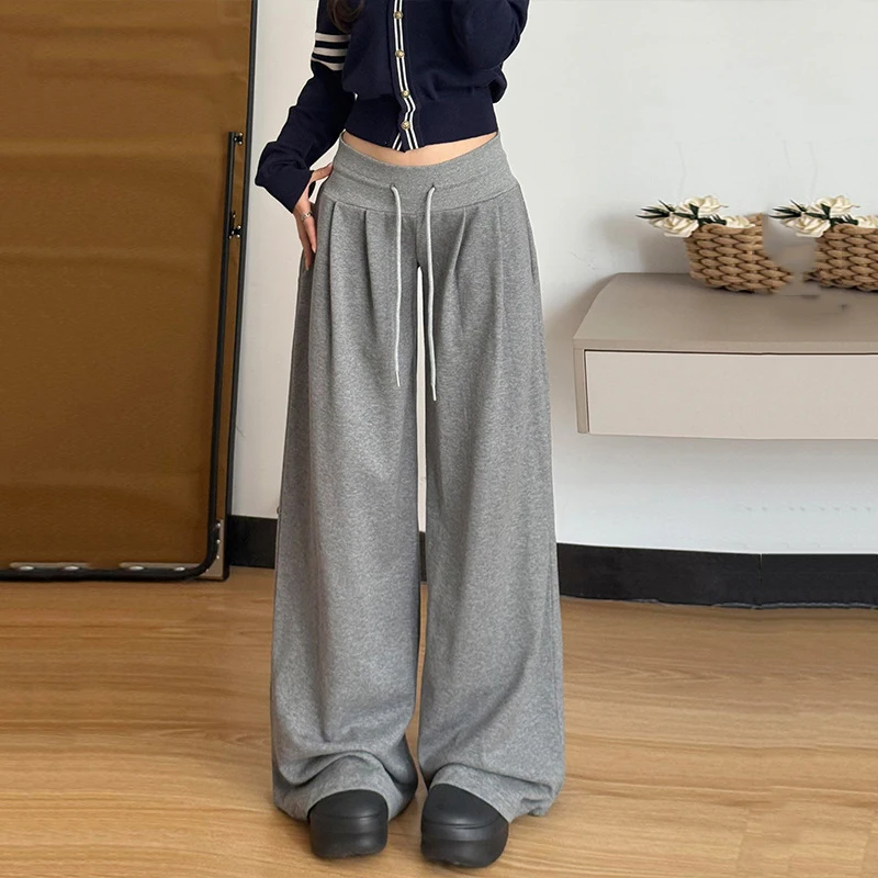 American Low Waist Wide Leg Sweatpants Women New Gray Lace Up Straight Casual Trousers Woman Vertical Feeling Loose Sport Pants