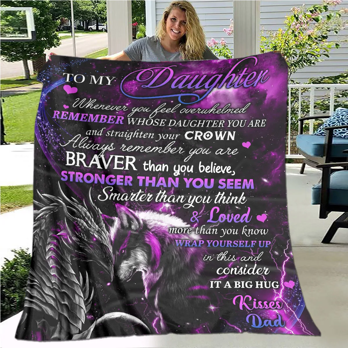 Personalized To My Daughter Sherpa Blanket Print Lion Wolf and Dragon Gift From Mom Dad Sofa bed Blanket Soft picnic blanket