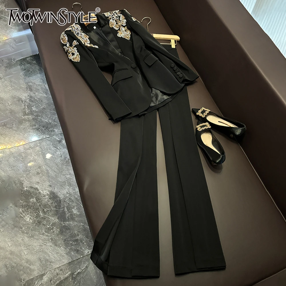 

TWOTWINSTYLE Temperament Two Piece Sets For Women Lapel Long Sleeve Top High Waist Pants Chic Set Female Fashion New KSE508858