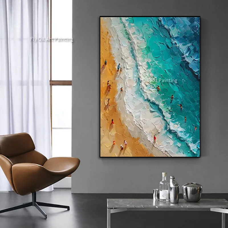 Blue Green Clean Sea Beige Beaches Wall Art Decor Handpainted New Design People Swimming In The Sea View Oil Painting On Canvas